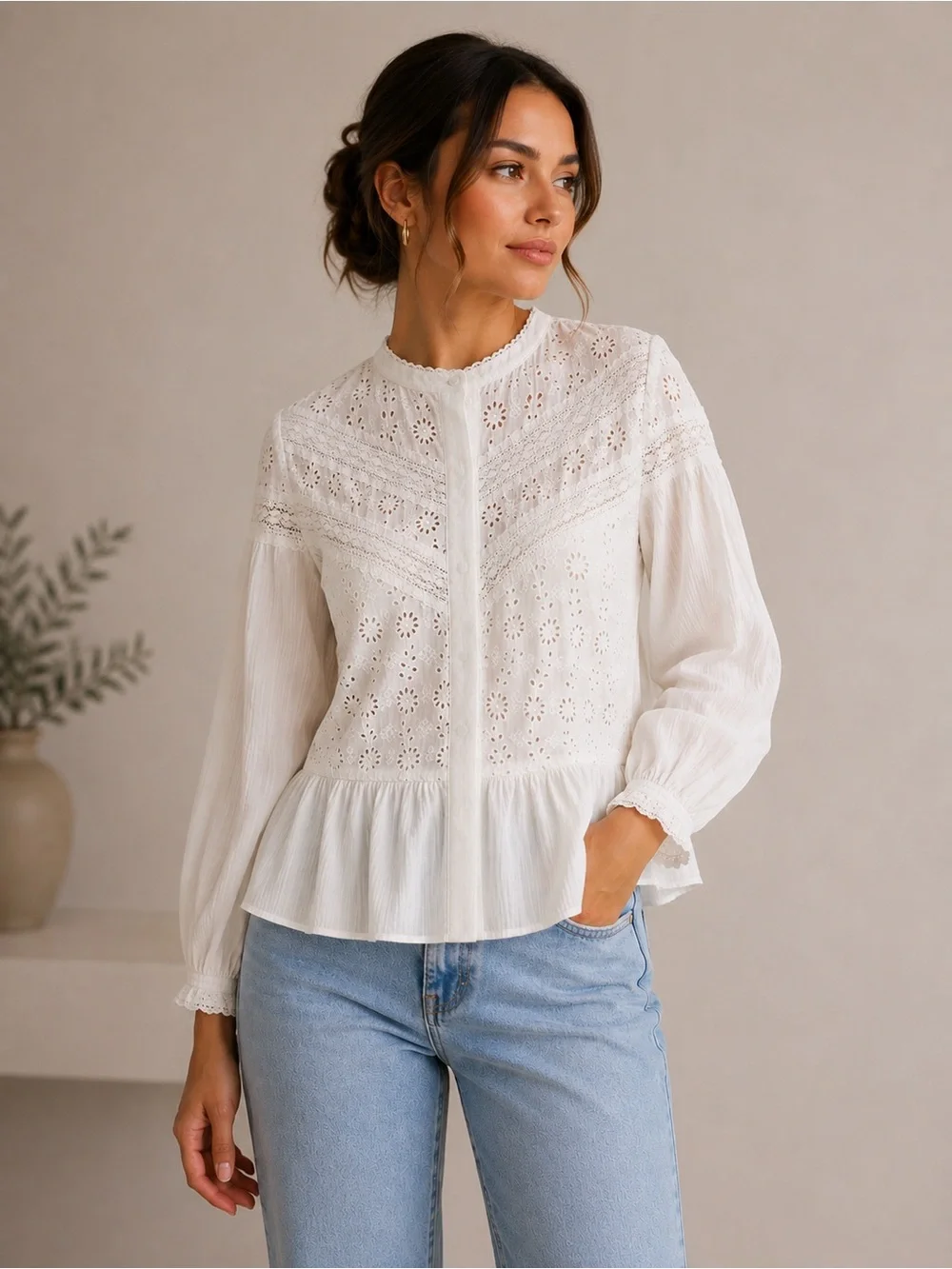 Zara White Eyelet Lace Peplum Top